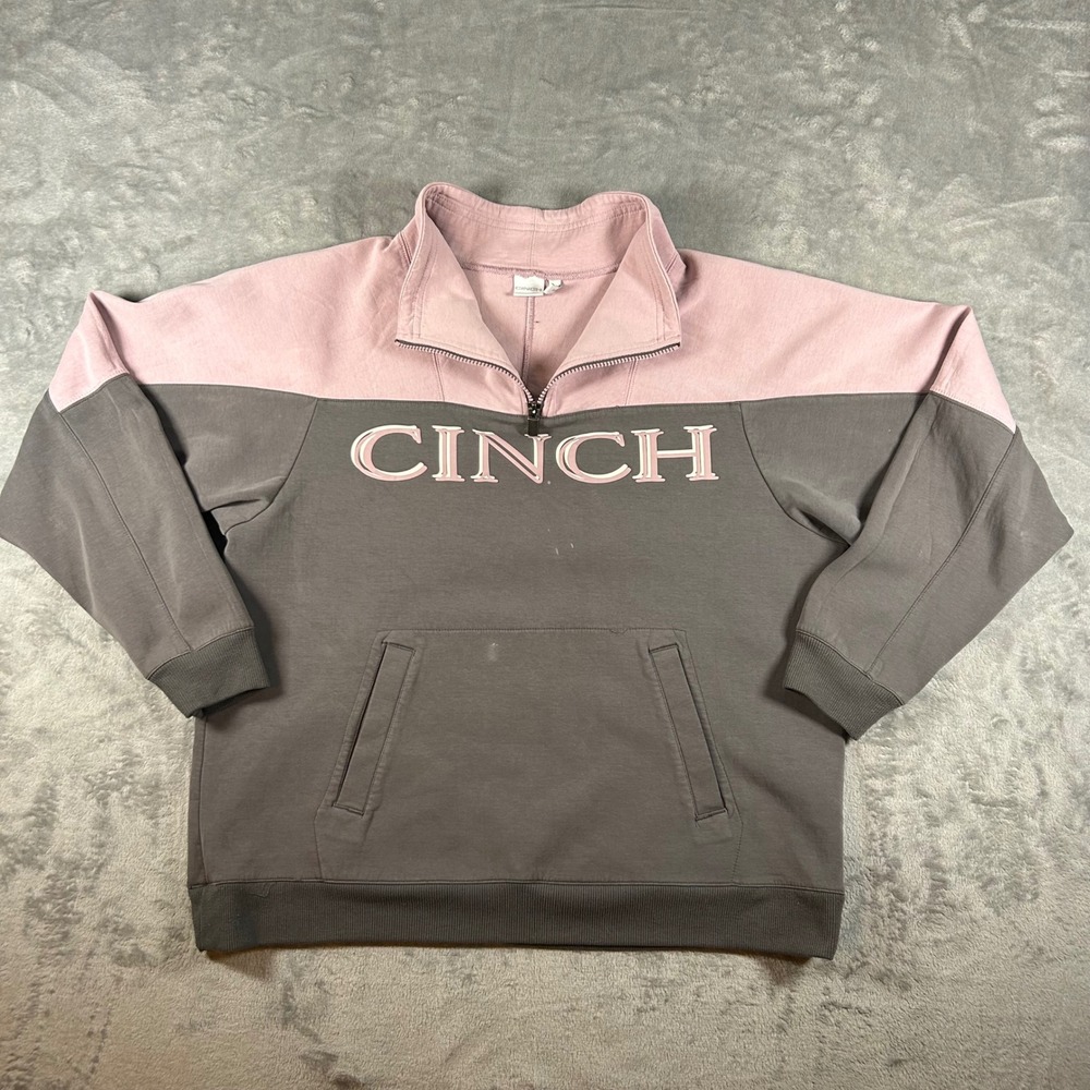 Cinch Womens Quarter Zip Sweatshirt Pink Gray Colorblock Logo Pullover Large